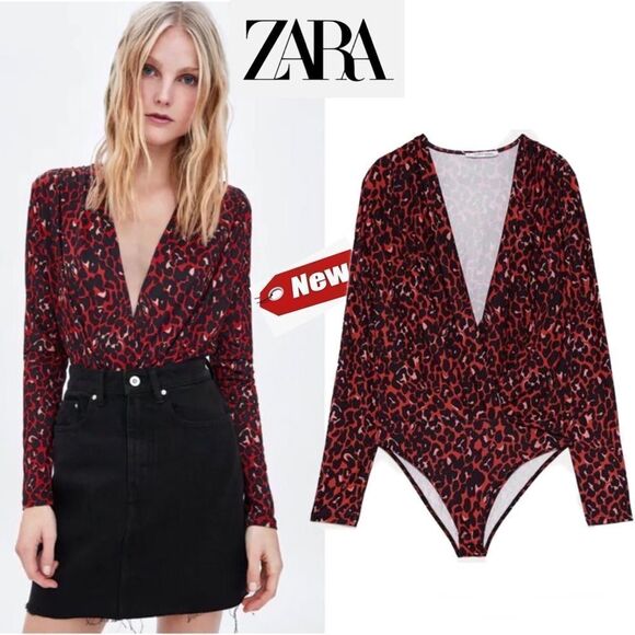 Zara red black long sleeve leopard animal cheetah print deep V bodysuit Sz L - Picture 1 of 15